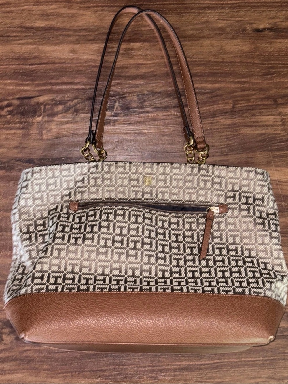 Tommy Hilfiger Canvas Tote with Brown Leather Trim